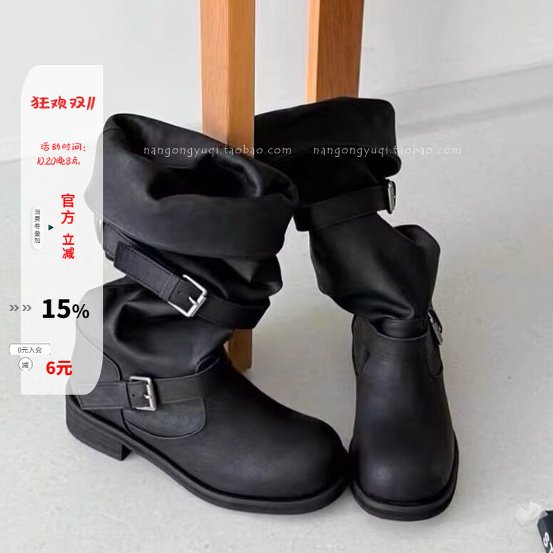圆头皮带扣两穿黑靴高筒靴