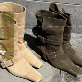 方头鹿皮绒复古色慵懒风靴子 2024秋ins街拍法式 现 韩国东大门代购