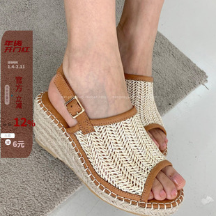 韩国东大门女鞋2025夏ins森系波西米亚藤草编织草编坡跟鱼嘴凉鞋