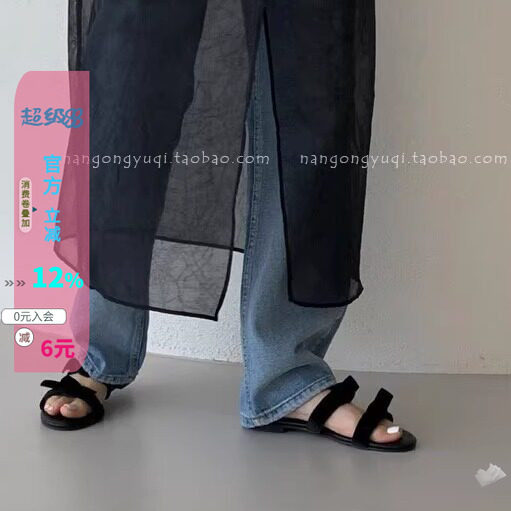 丝绒一字带蝴蝶结平底拖凉拖