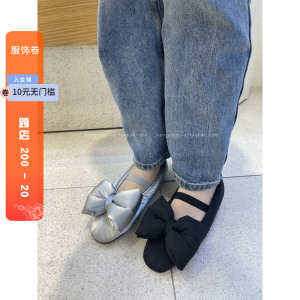 现韩国东大门代购2023秋冬新款chic绸缎蝴蝶结平底夹棉玛丽珍棉鞋