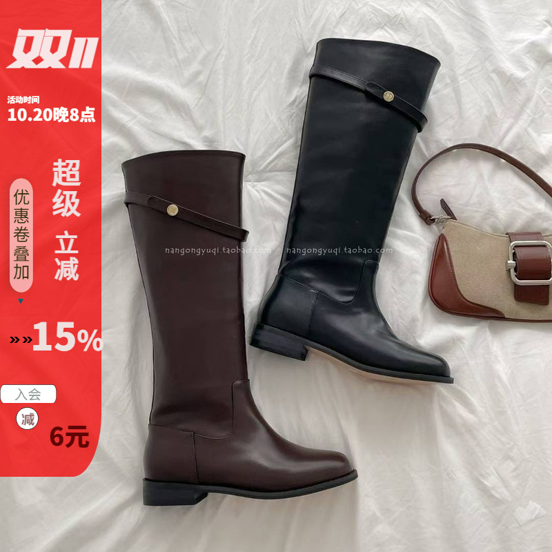 金属皮带扣低跟高筒靴骑士靴
