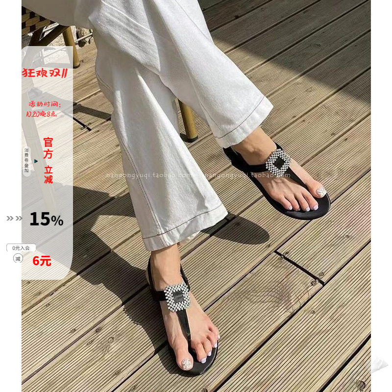 简约绸缎蝴蝶结烫钻夹趾平底凉鞋