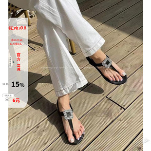 韩国东大门女鞋24夏新款chic休闲简约绸缎蝴蝶结烫钻夹趾平底凉鞋
