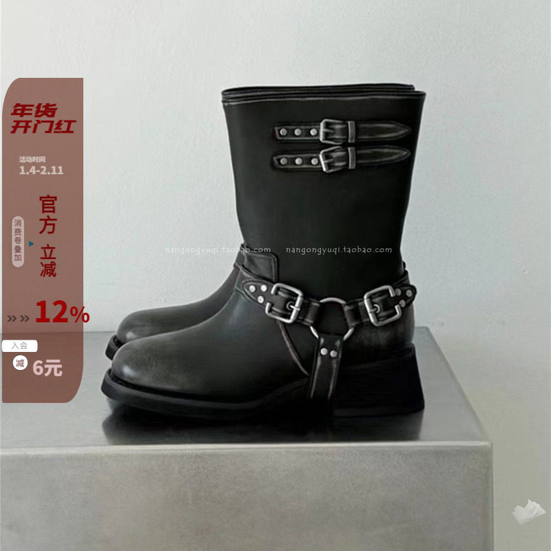 韩国东大门女鞋2025秋ins复古擦色作旧圆头皮带扣低跟短靴骑士靴,女鞋,马丁靴,淘宝优惠券,粉丝福利购,淘宝优惠卷