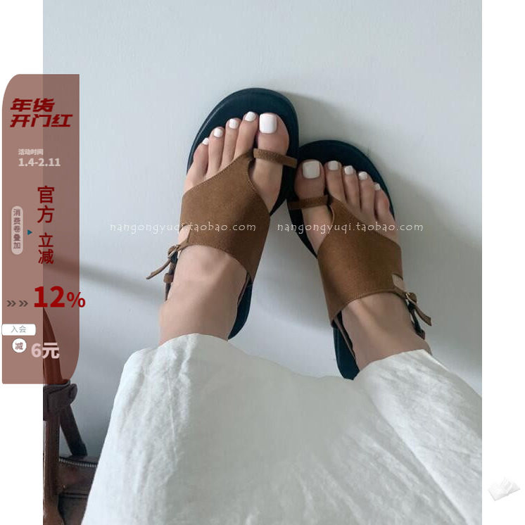 现韩国东大门女鞋24夏新款ins复古休闲翻毛皮套趾皮带扣平底凉鞋,女鞋,休闲凉鞋,淘宝优惠券,粉丝福利购,淘宝优惠卷