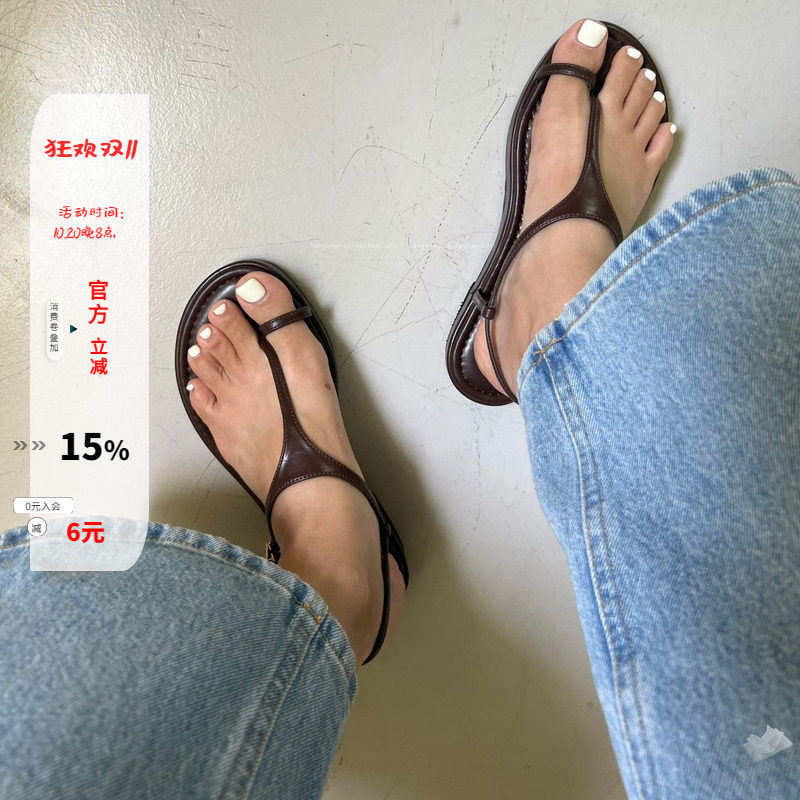 慵懒风纯色套趾细带平底好穿凉鞋