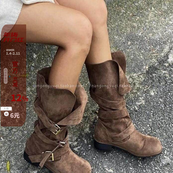 现 韩国东大门代购24秋新休闲磨砂绒擦色复古皮带扣慵懒风中筒靴,女鞋,西部靴,淘宝优惠券,粉丝福利购,淘宝优惠卷
