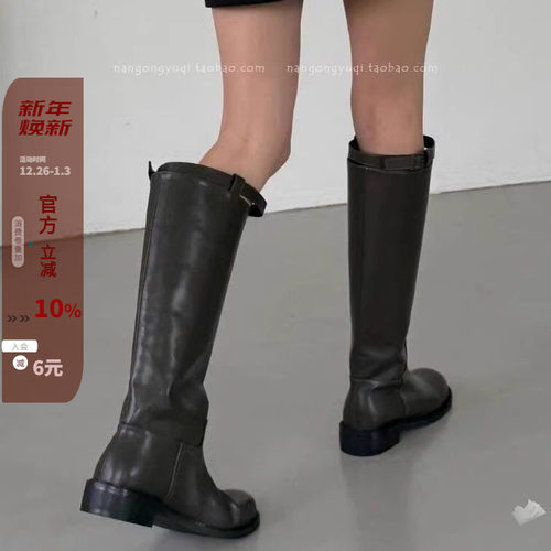 绿皮带扣宽松慵懒高筒靴