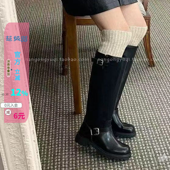 休闲皮带扣低跟加绒高筒靴骑士靴