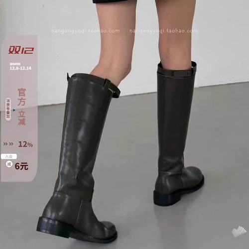 绿皮带扣宽松慵懒高筒靴