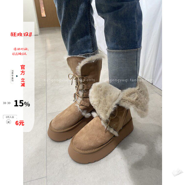 超厚毛毛里厚底绑带雪地靴