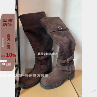 韩国东大门女鞋25秋新款法式高级复古擦色鹿皮绒皮带扣宽口高筒靴