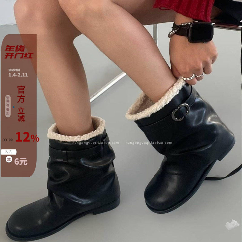 现货韩国东大门女鞋25秋冬新法式慵懒羔羊毛保暖低跟裤靴宽口棉靴,女鞋,时尚雪地靴,淘宝优惠券,粉丝福利购,淘宝优惠卷