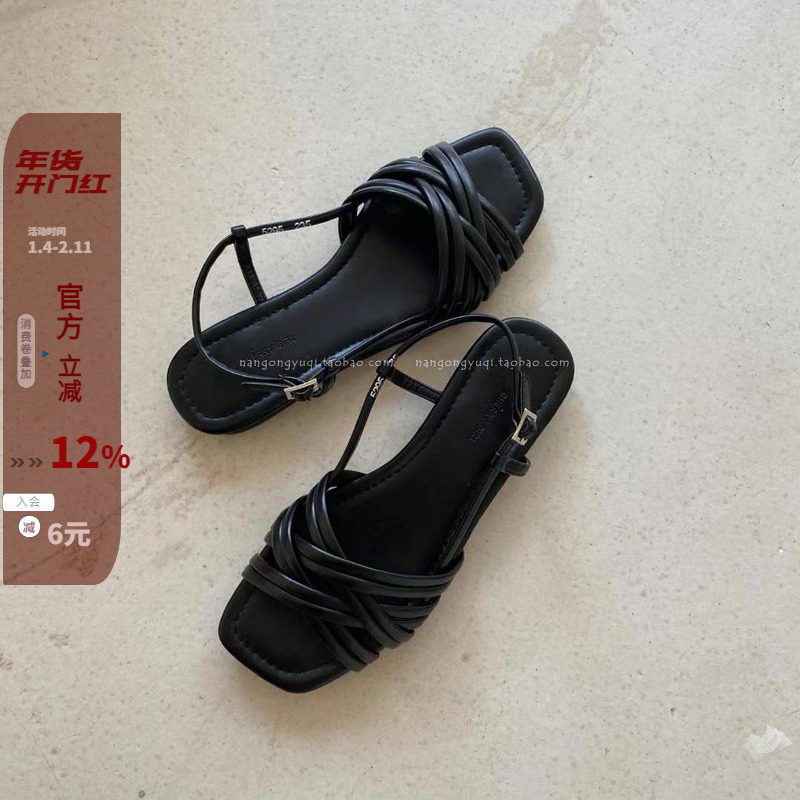 韩国东大门女鞋25夏新款ins复古简约编织细带露趾一字带平底凉鞋,女鞋,罗马凉鞋,淘宝优惠券,粉丝福利购,淘宝优惠卷