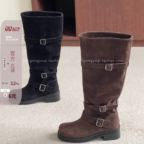 磨砂绒皮带扣慵懒宽松高筒靴