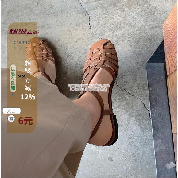 现KOREA SHOES琪琪东大门ins英伦复古凉鞋编织包头平底Ｔ型扣带凉
