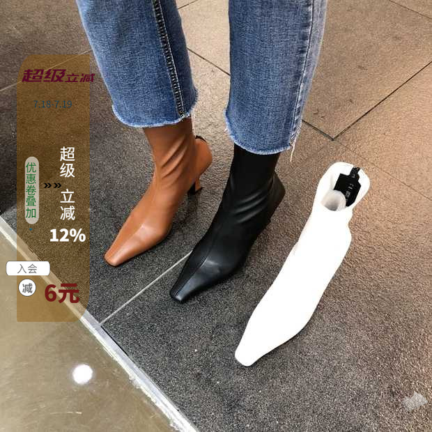 现韩国东大门女鞋22秋新ins气质尖头后拉链酒杯高跟瘦瘦弹力短靴