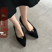 韩国东大门女鞋 复古丝绒尖头金属点缀小跟通勤单鞋 26早春新款 法式