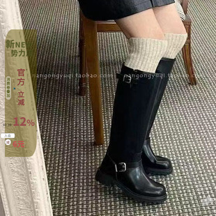 韩国东大门女鞋 ins英伦休闲皮带扣低跟加绒高筒靴骑士靴 25秋新款