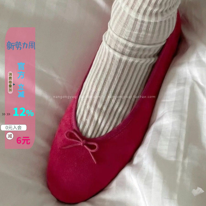 圆头玫红平底玛丽珍单鞋