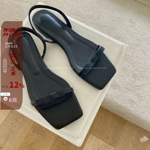 韩国东大门2025夏ins法式高级感绸缎蝴蝶结细带露趾一字平底凉鞋