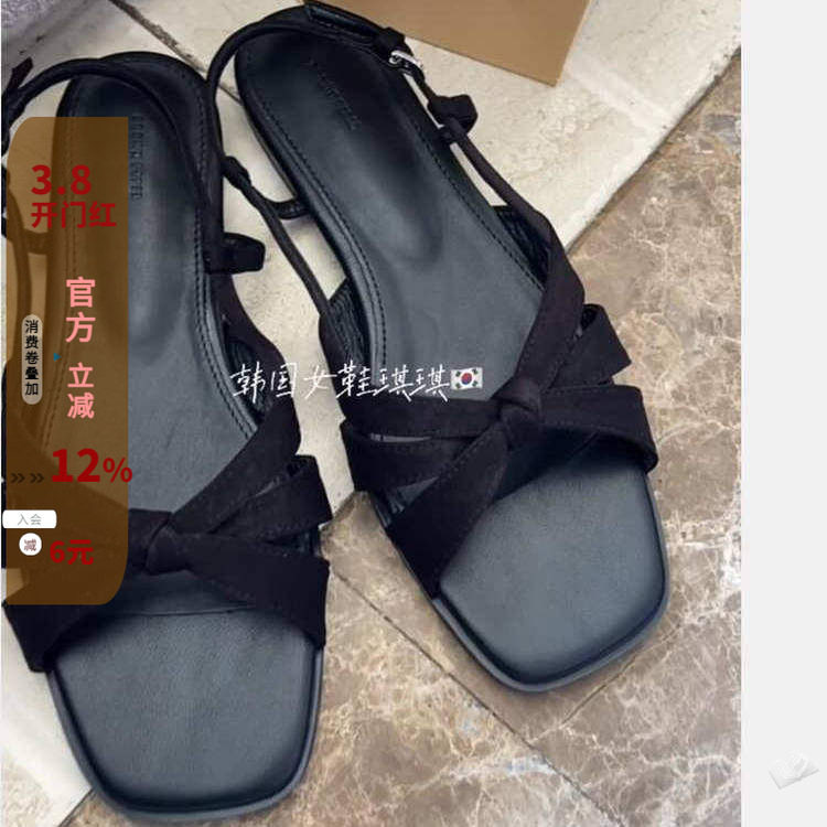 现brownpaper韩国东大门爆款chic休闲编织镂空露趾低跟一字带凉鞋