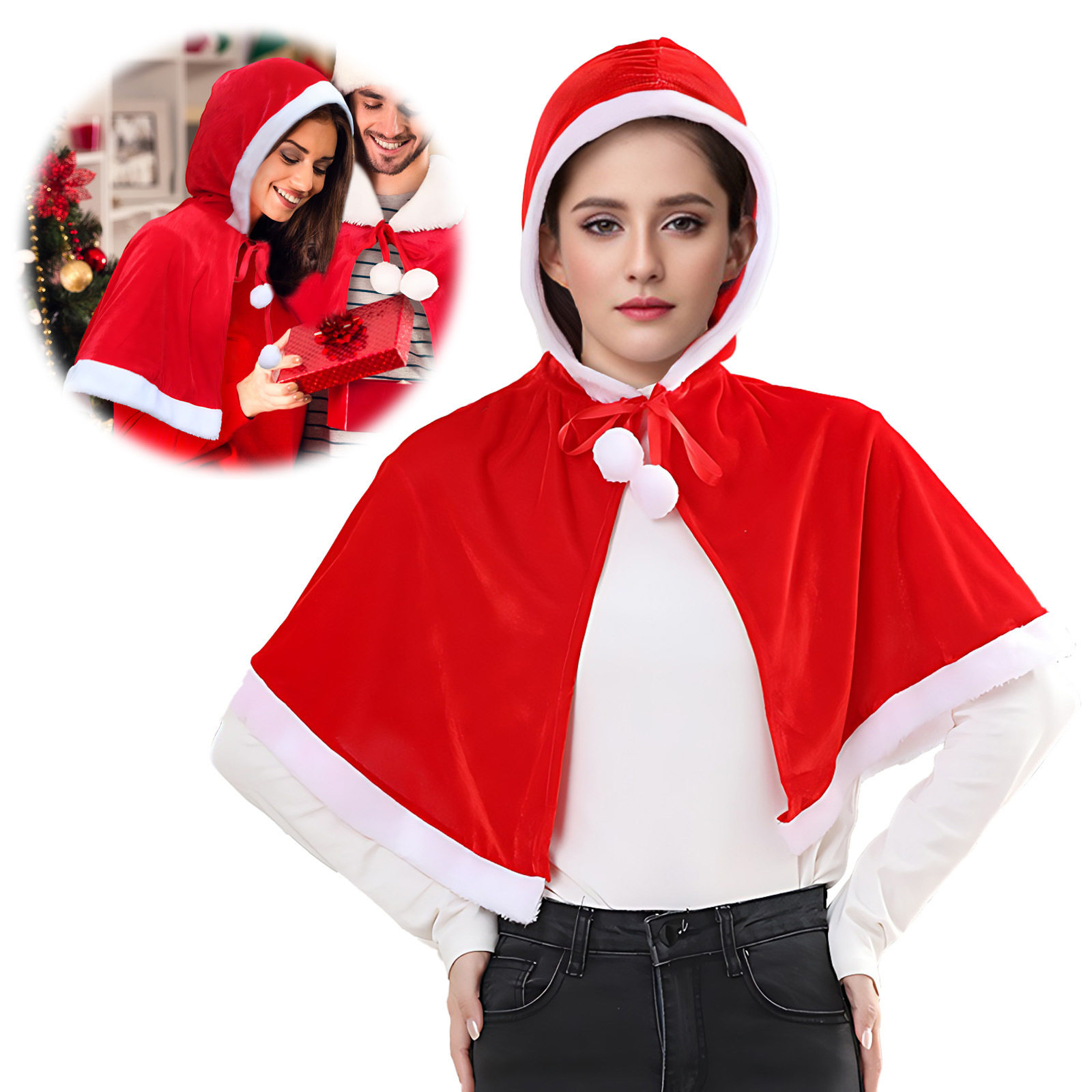 儿童圣诞老人服装红色金丝绒成人圣诞斗篷派对演出连帽披肩服饰