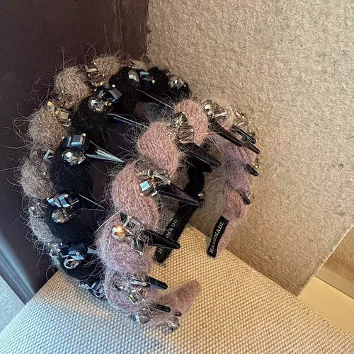 毛绒针织水钻发箍女高颅顶显脸小带齿防滑不勒头发饰头饰秋冬头箍