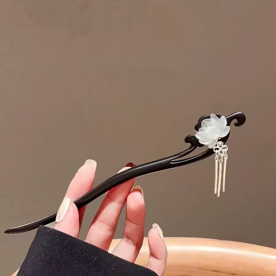莲花木簪女发簪古风新中式步摇流苏发量少汉服马面裙配饰发钗