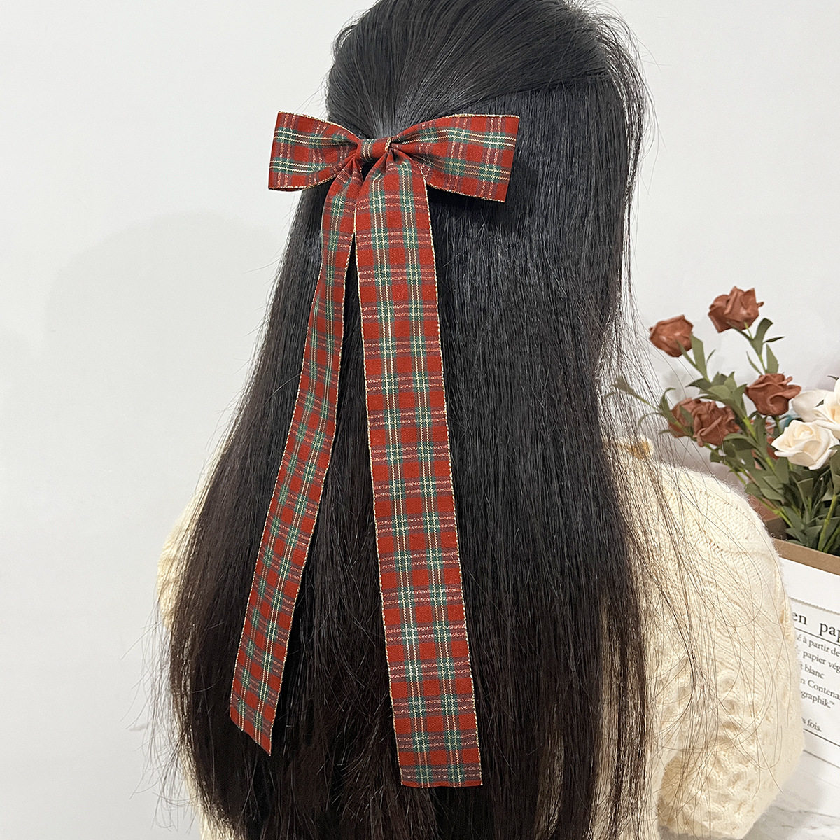 日系红色格子蝴蝶结飘带发夹女气质百搭后脑勺发卡可爱边夹发饰品