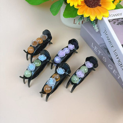 2025新款气质花朵珠珠丸子头抓夹发夹后脑勺盘发鸭嘴夹发饰