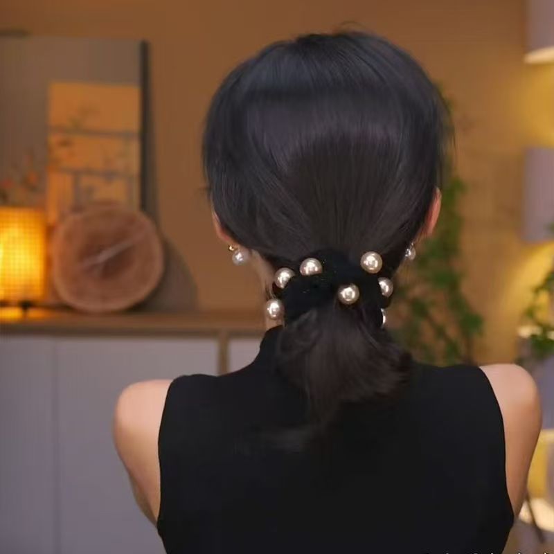 感丝绒珠珠大肠发圈女秋冬复古丸子头绳皮筋扎发绳不伤发皮筋