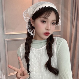 法式三角头巾女可爱田园风海边多巴胺小头巾发带纯色蕾丝蓝色头巾