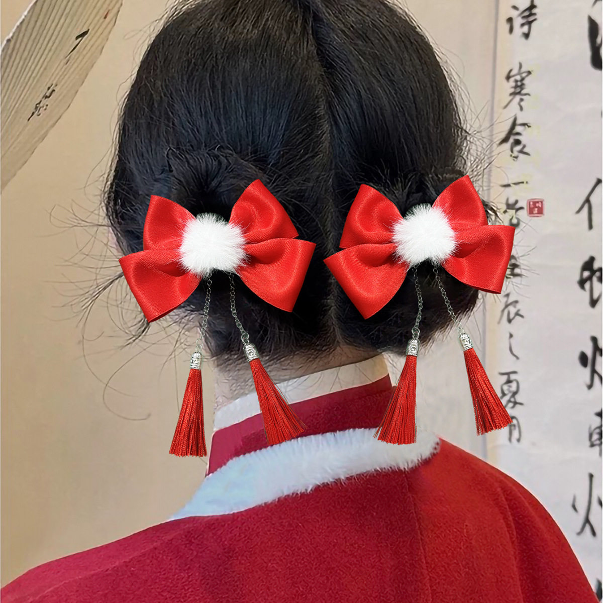 中国风红色新年款白色毛球蝴蝶结发夹甜美可爱百搭公主发饰品