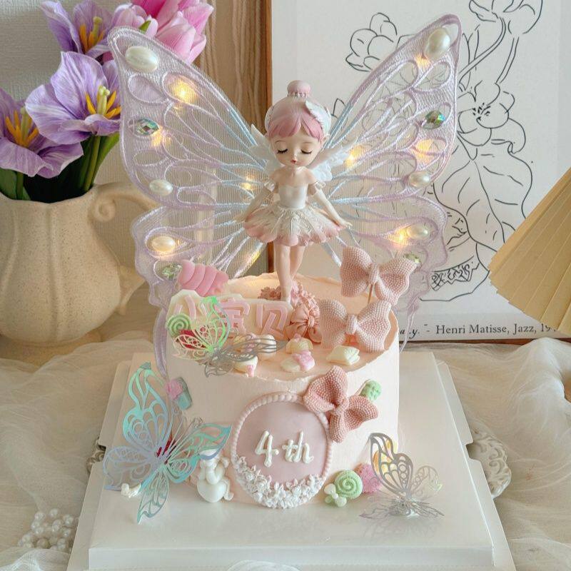 网红舞裙贝拉公主蛋糕装饰摆件唯美刺绣蝴蝶带灯女生女孩生日装扮