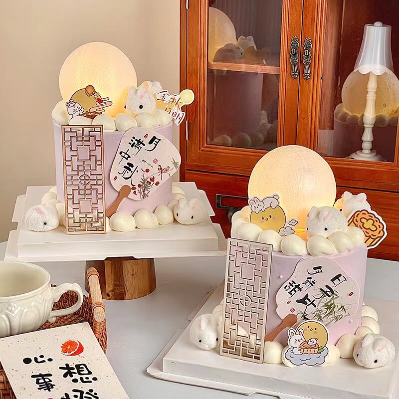 2026中秋节发光月球灯蛋糕装饰中秋扇子屏风玉兔奔月月满插件装扮