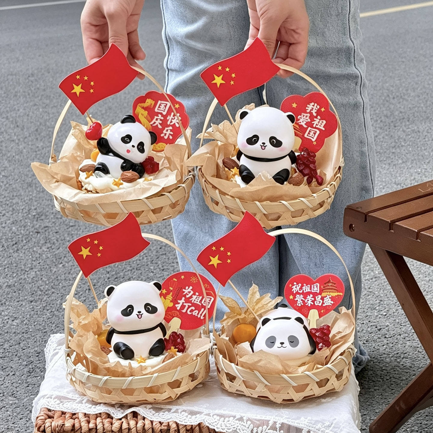 10.1国庆节手提篮竹篮蛋糕装饰繁荣昌盛扇子插件发光灯熊猫摆件