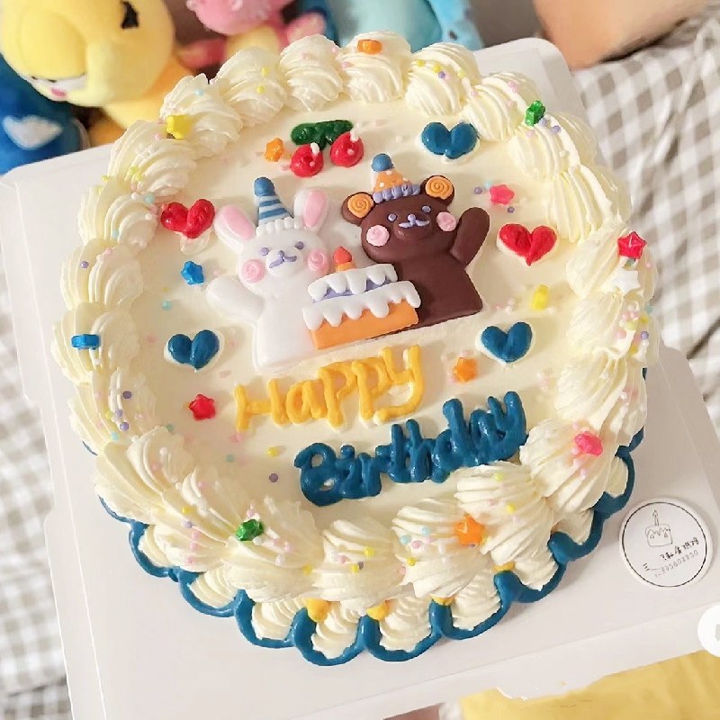 网红小熊小兔生日烘焙蛋糕装饰软陶小熊兔摆件儿童甜品派对装扮