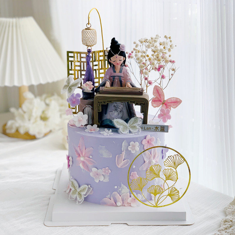 烘焙蛋糕装饰古风少女古筝摆件金色屏风插件唯美刺绣蝴蝶派对插卡