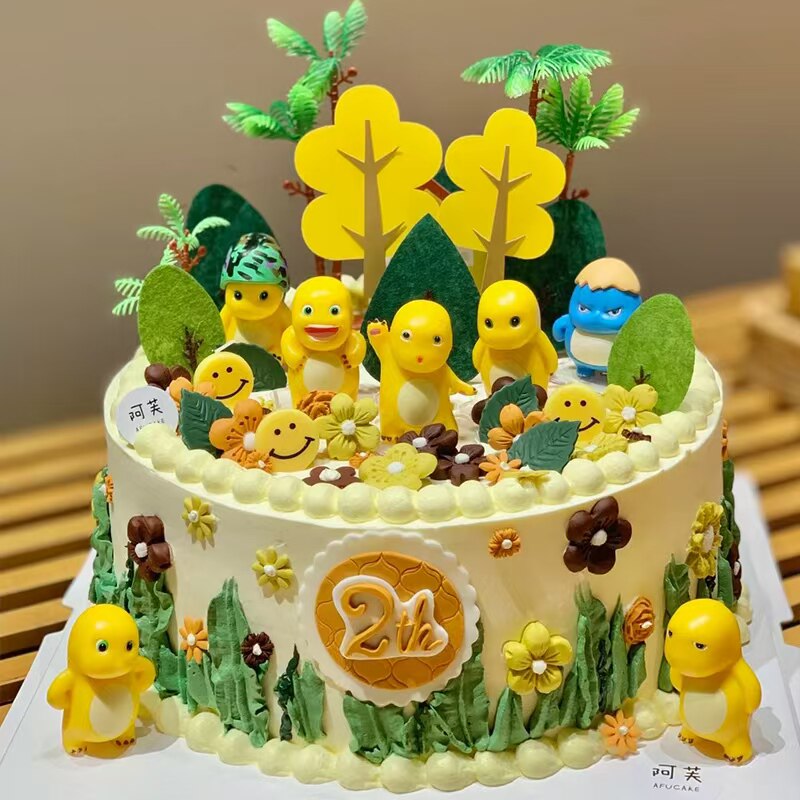 网红小奶龙蛋糕装饰摆件儿童生日派对可爱黄色恐龙小熊雨丝插件