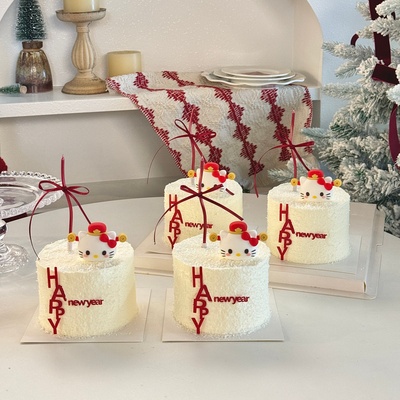 网红2026新年快乐HAPPYnewyear亚克力蛋糕装饰插件财神KT猫摆件