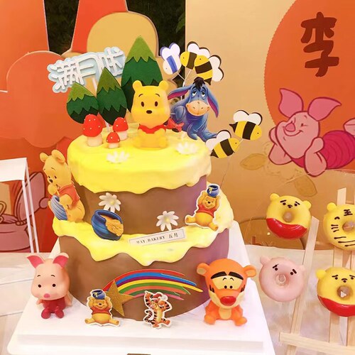 维尼熊甜品台蛋糕装饰摆件小熊维尼蜜蜂布丁杯推推乐贴纸插件插牌