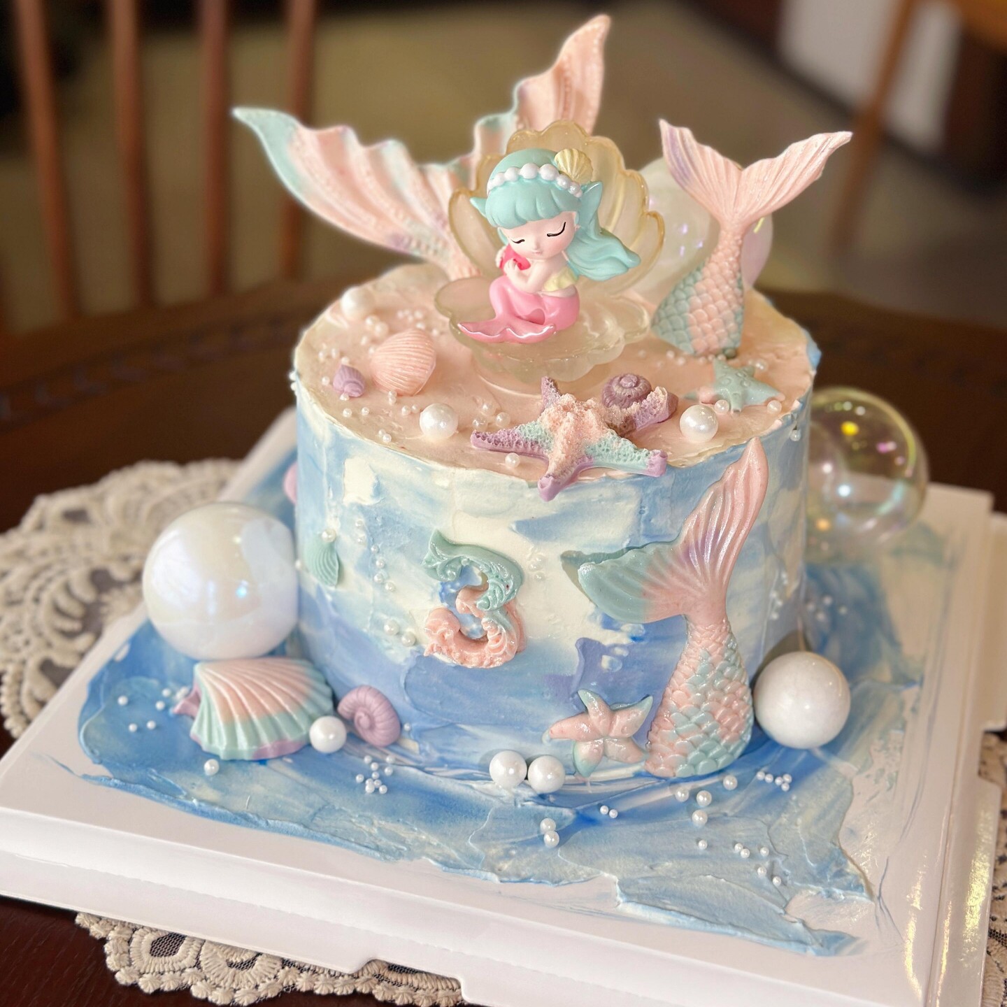 幻彩海洋美人鱼蛋糕装饰渐变鱼尾贝壳海星女孩生日甜品装扮摆件