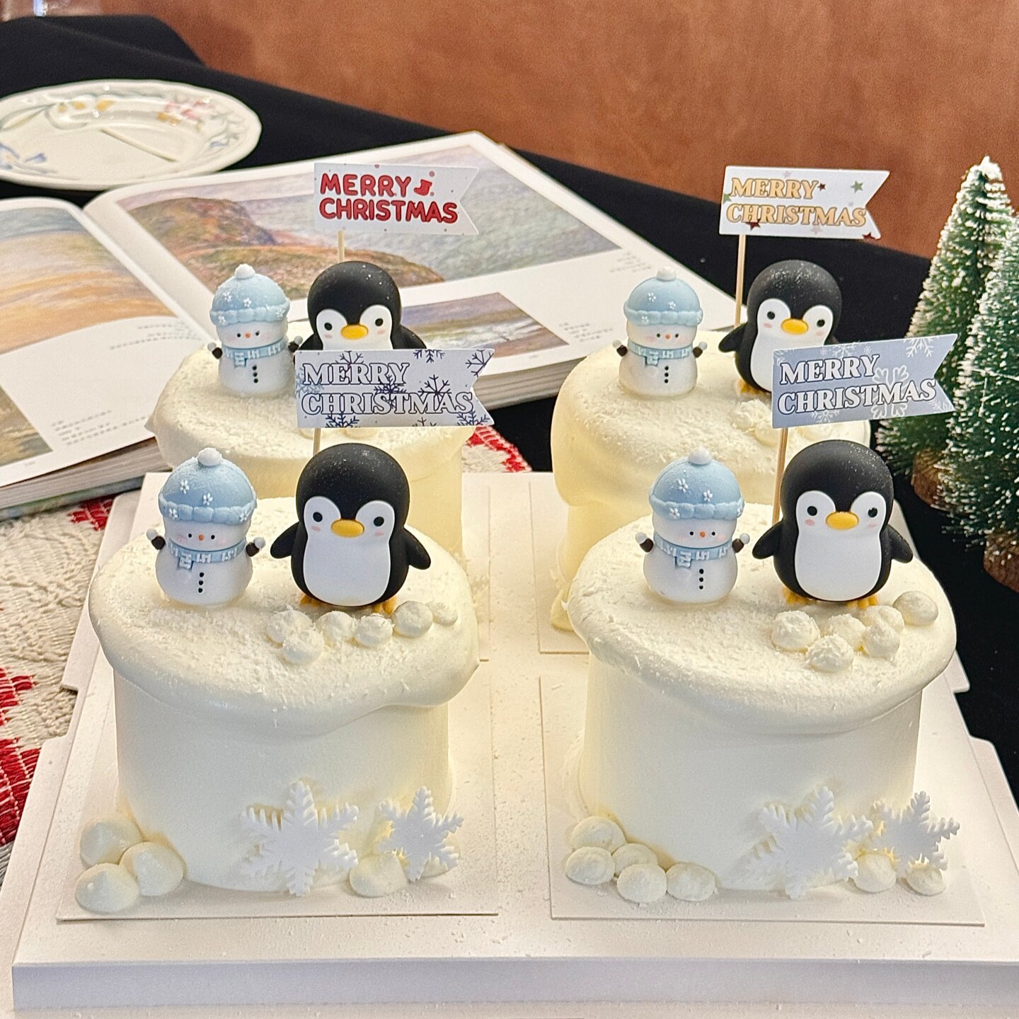 2026圣诞节企鹅小雪人蛋糕装饰摆件圣诞快乐插旗雪花甜品装扮插件