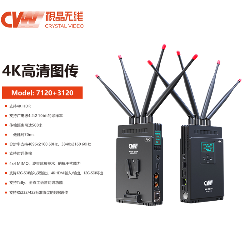 视晶无线（CVW）4K极光 超高清无线图传Aurora 7120+3120（一发一收）500米 4K 4:2:2 10bit 60Hz 70ms延时