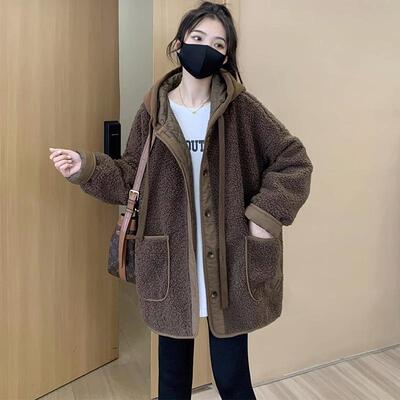 斤特大码假俩件连帽羊羔毛棉服女春秋季宽松小众设计感外套潮