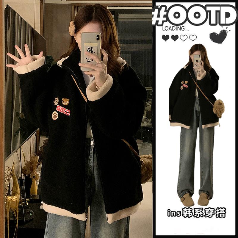 特大码胖韩系黑色羊羔毛棉服外套女学院风显瘦加厚保暖夹棉棉衣