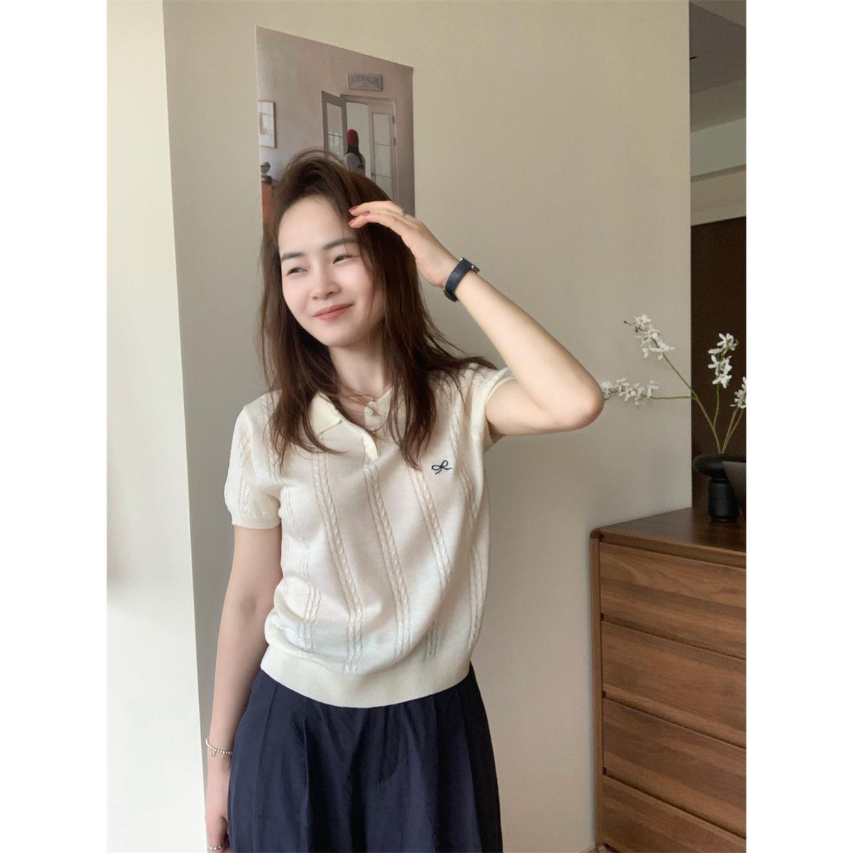 春夏美式覆古麻花刺绣领针织短袖上衣覆古针织衫