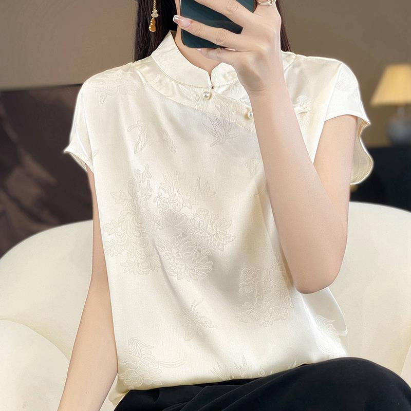 年新款新中式国风盘扣立领提花短袖衬衫女醋酸缎面旗袍上衣衬衣